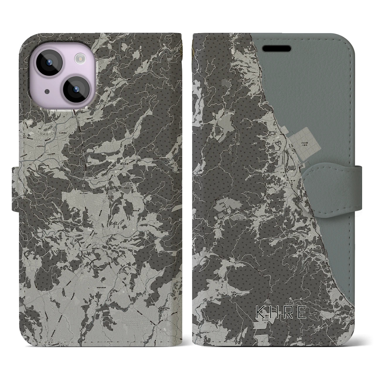 【喜入(鹿児島県)】地図柄iPhoneケース(手帳タイプ)モノトーン・iPhone 14 用