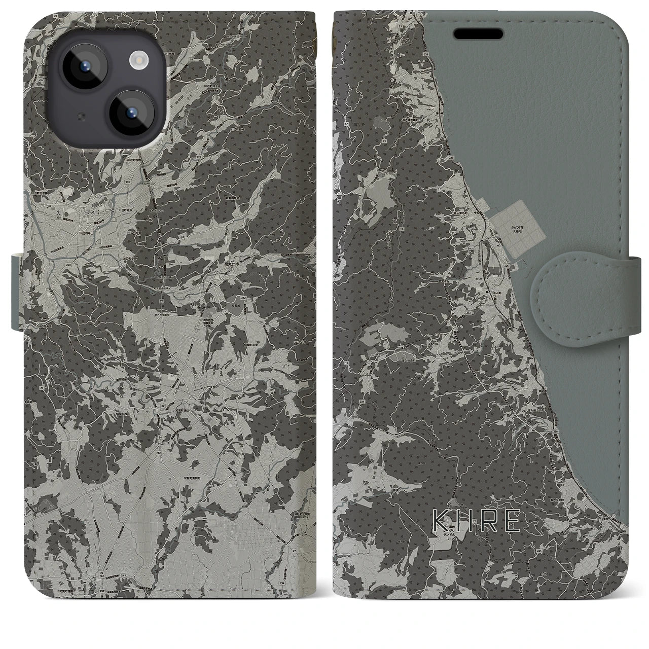 【喜入(鹿児島県)】地図柄iPhoneケース(手帳タイプ)モノトーン・iPhone 14 Plus 用