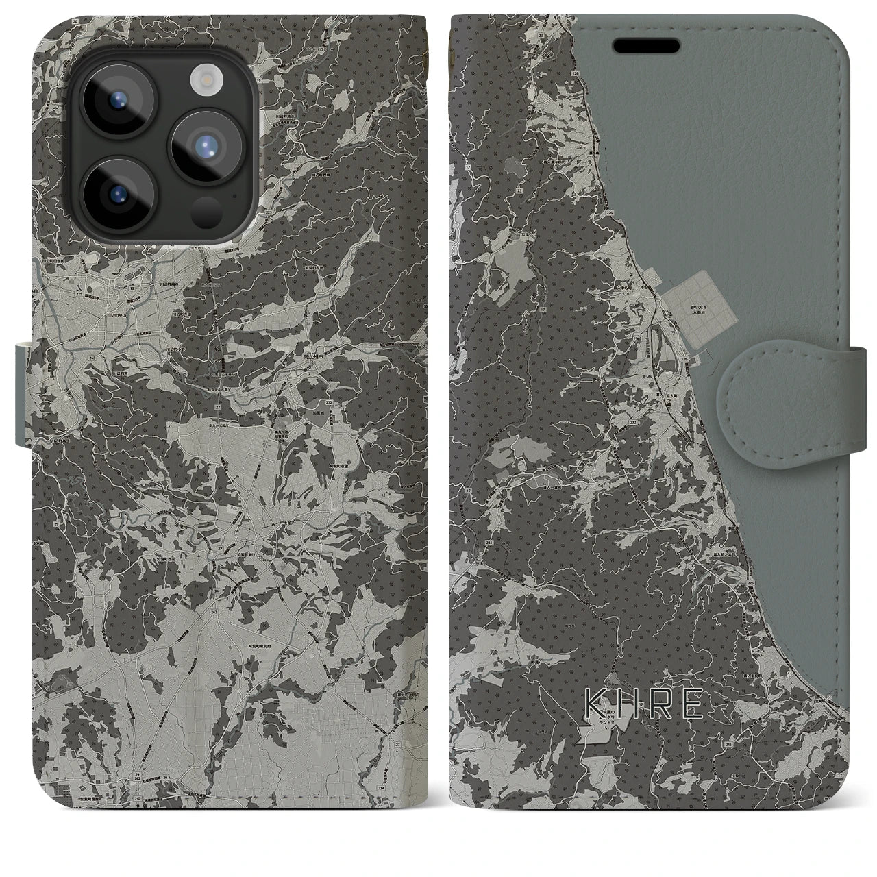 【喜入(鹿児島県)】地図柄iPhoneケース(手帳タイプ)モノトーン・iPhone 15 Pro Max 用
