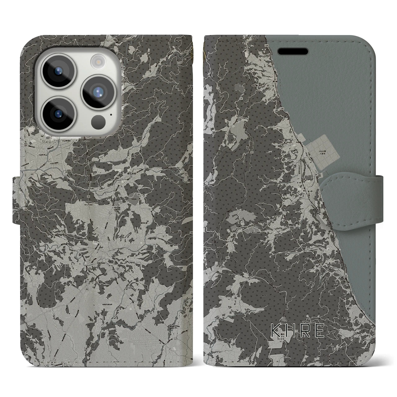 【喜入(鹿児島県)】地図柄iPhoneケース(手帳タイプ)モノトーン・iPhone 15 Pro 用