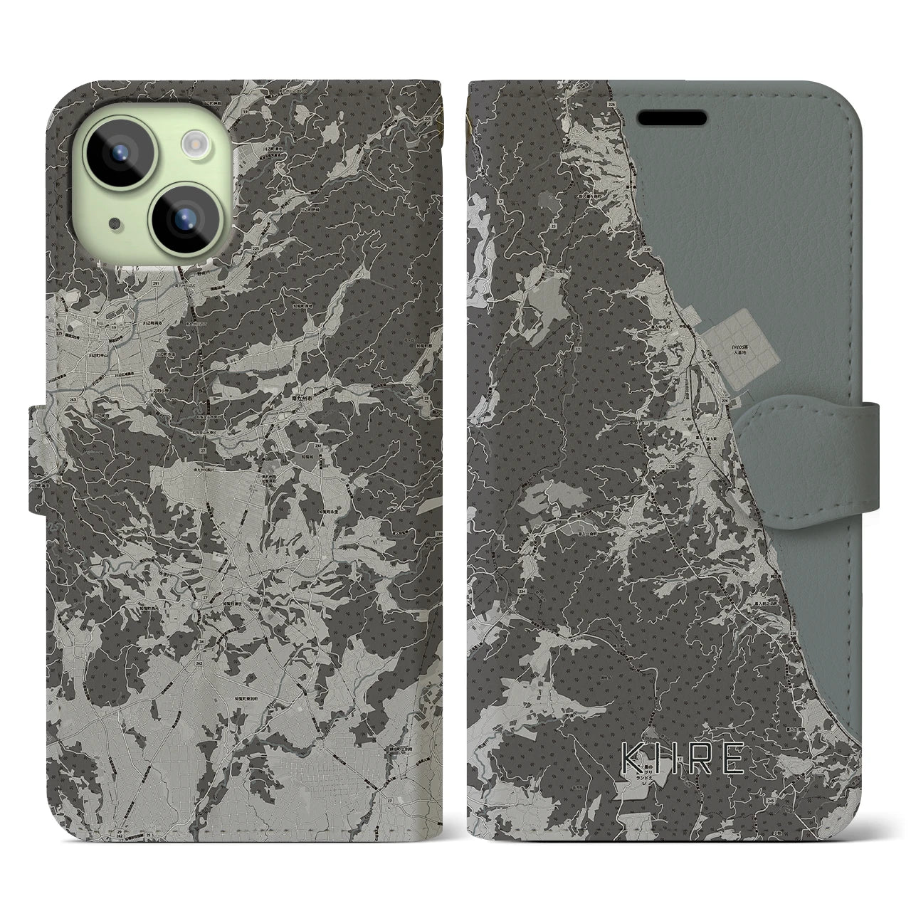 【喜入(鹿児島県)】地図柄iPhoneケース(手帳タイプ)モノトーン・iPhone 15 用