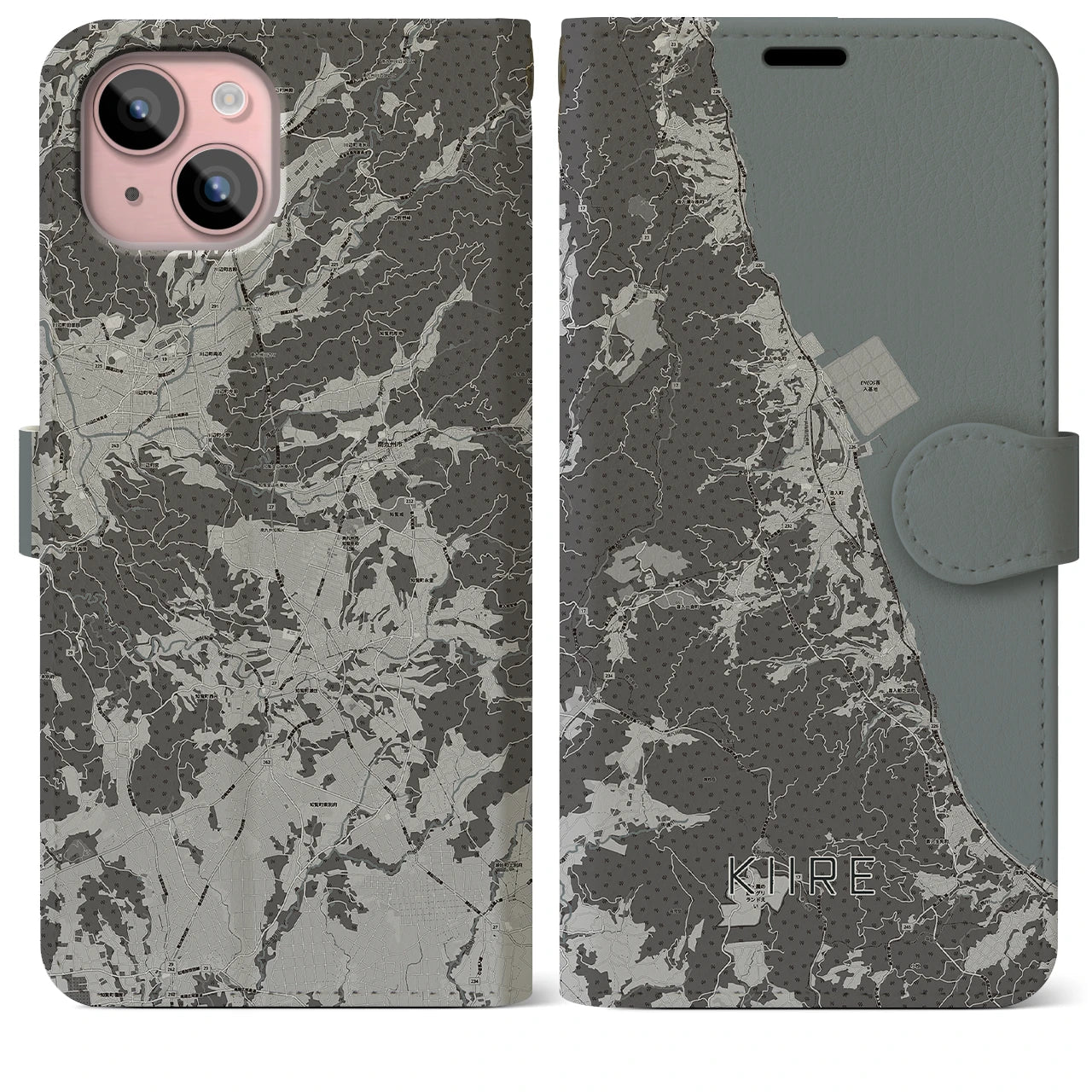 【喜入(鹿児島県)】地図柄iPhoneケース(手帳タイプ)モノトーン・iPhone 15 Plus 用