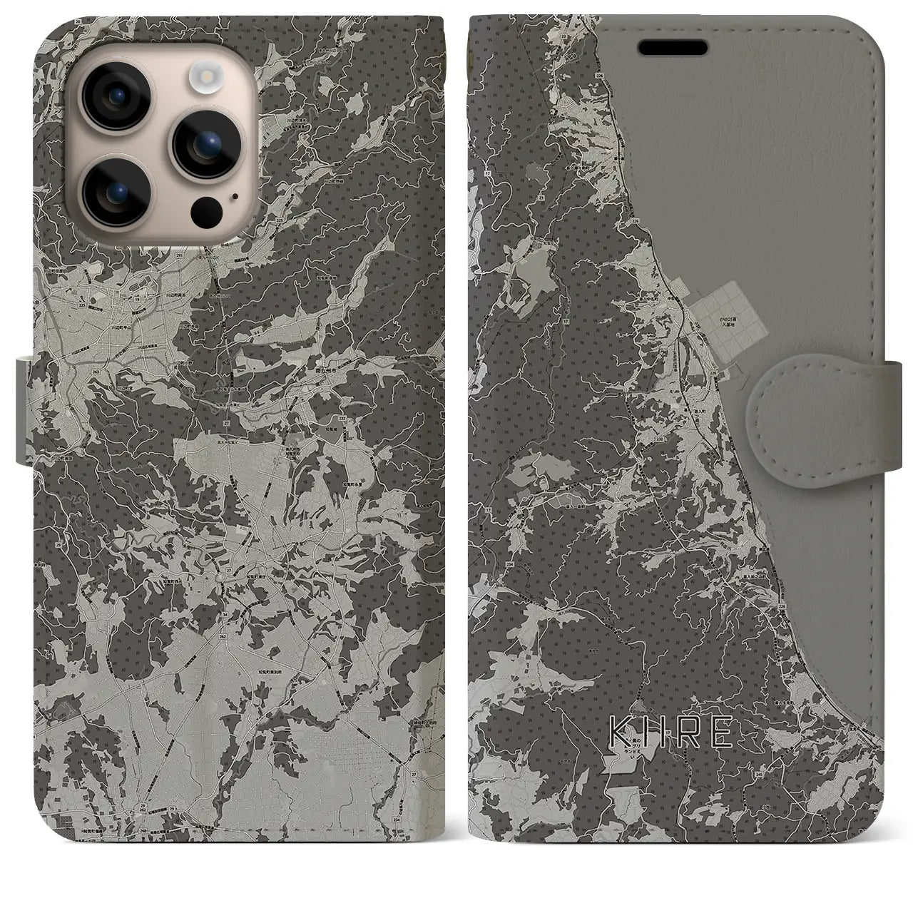 【喜入(鹿児島県)】地図柄iPhoneケース(手帳タイプ)モノトーン・iPhone 16 Plus 用