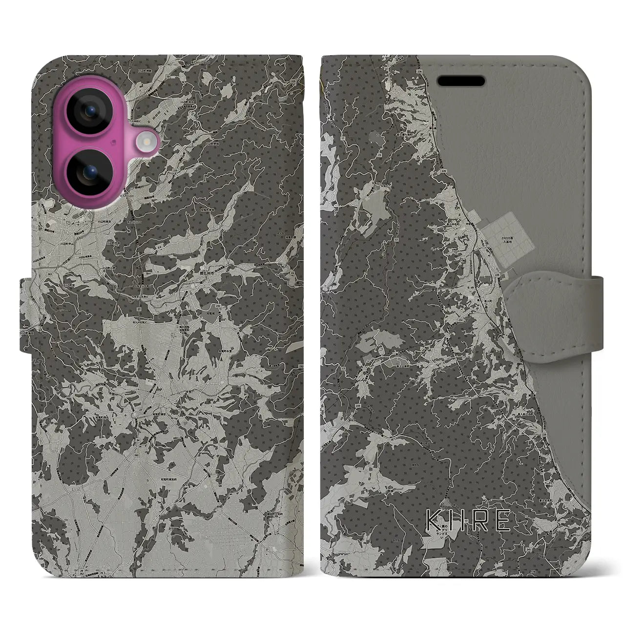 【喜入(鹿児島県)】地図柄iPhoneケース(手帳タイプ)モノトーン・iPhone 16 Pro 用