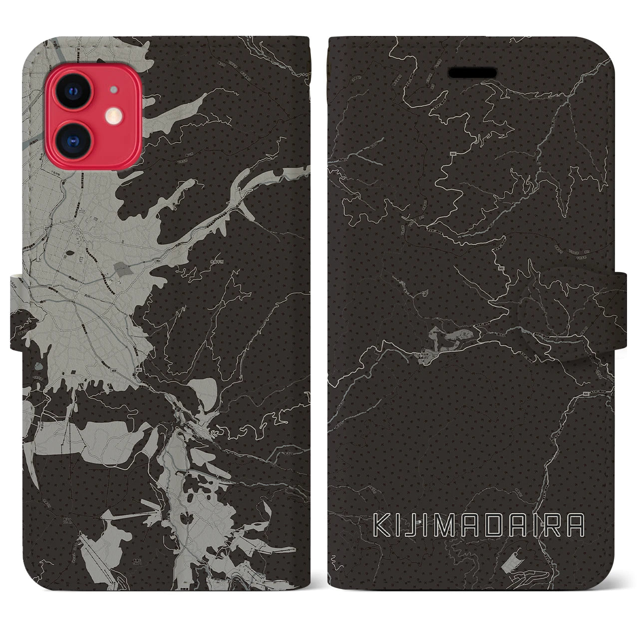 【木島平(長野県)】地図柄iPhoneケース(手帳タイプ)モノトーン・iPhone 11 用