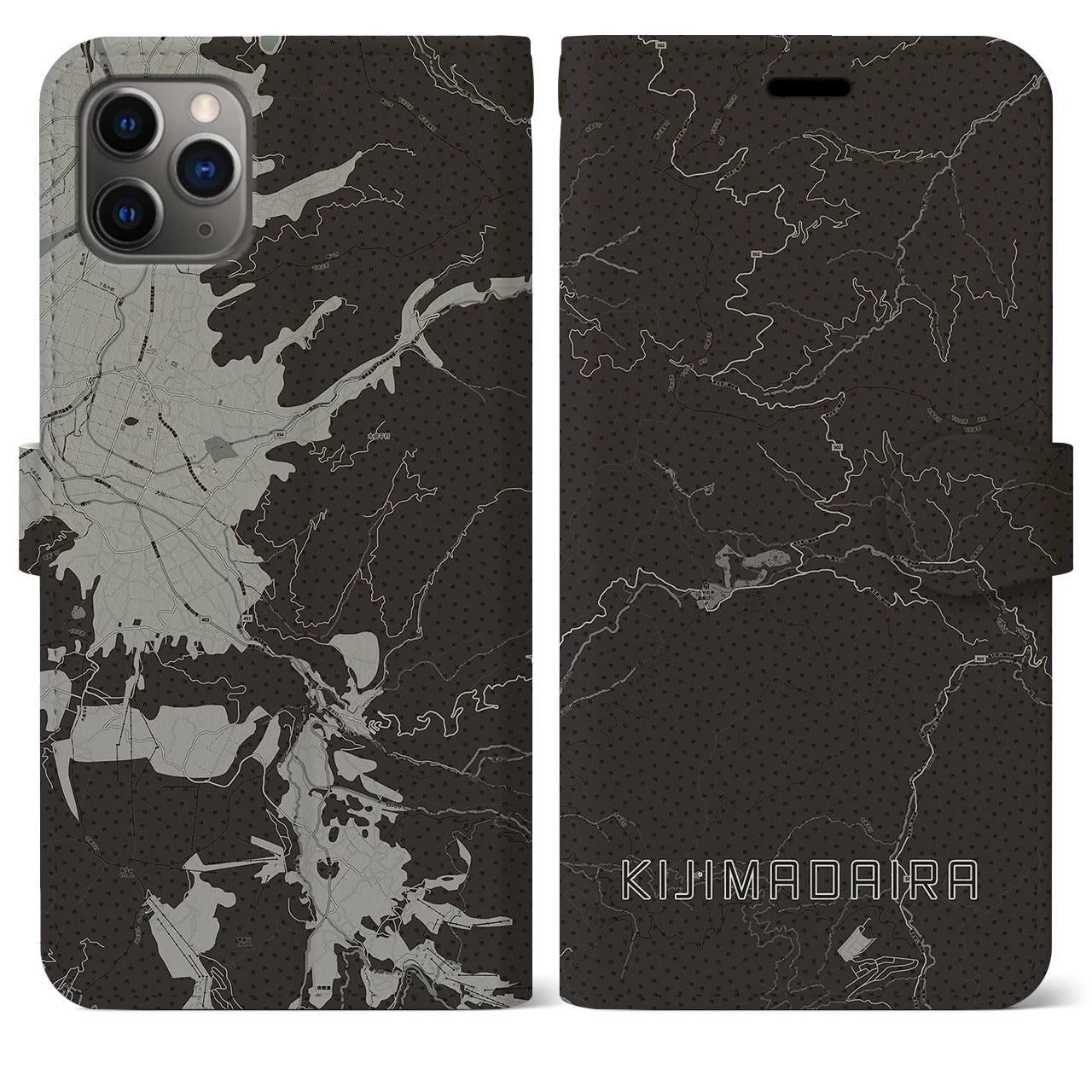 【木島平(長野県)】地図柄iPhoneケース(手帳タイプ)モノトーン・iPhone 11 Pro Max 用
