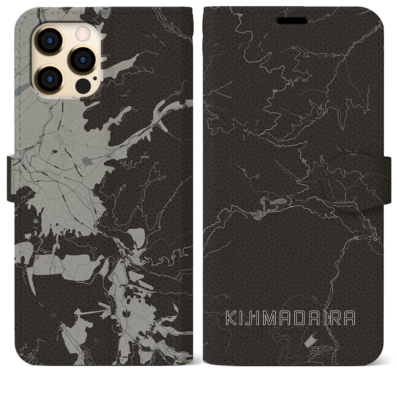 【木島平(長野県)】地図柄iPhoneケース(手帳タイプ)モノトーン・iPhone 12 Pro Max 用