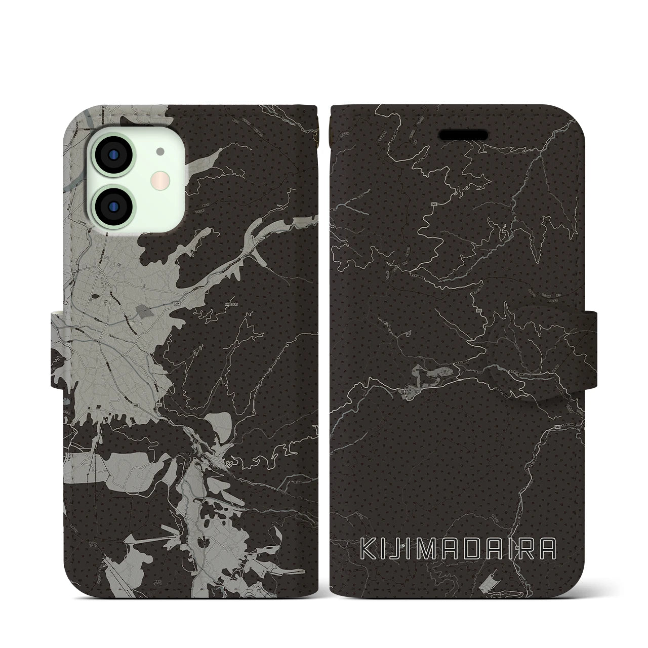 【木島平(長野県)】地図柄iPhoneケース(手帳タイプ)モノトーン・iPhone 12 mini 用