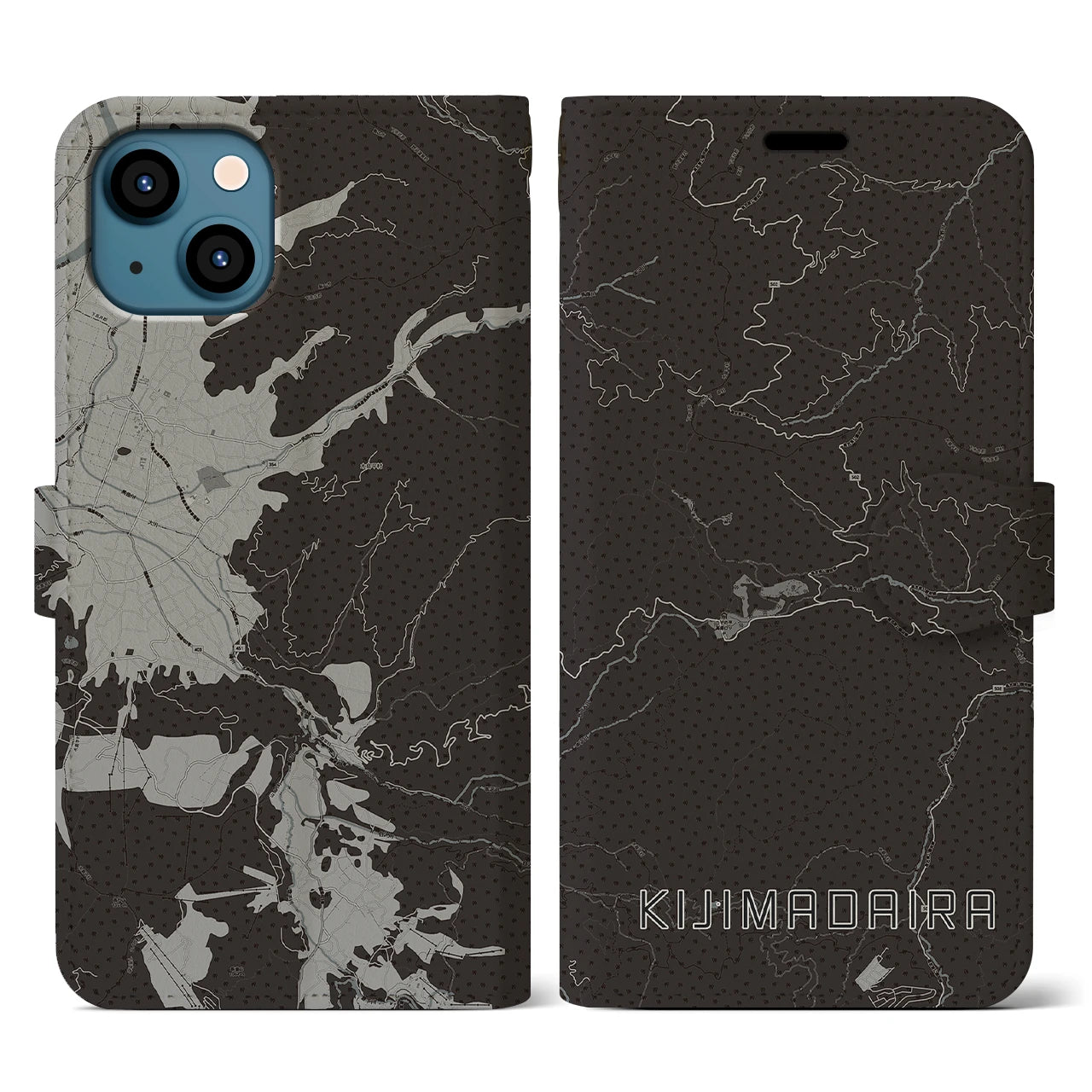 【木島平(長野県)】地図柄iPhoneケース(手帳タイプ)モノトーン・iPhone 13 用