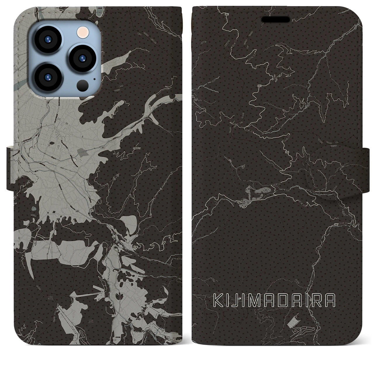 【木島平(長野県)】地図柄iPhoneケース(手帳タイプ)モノトーン・iPhone 13 Pro Max 用