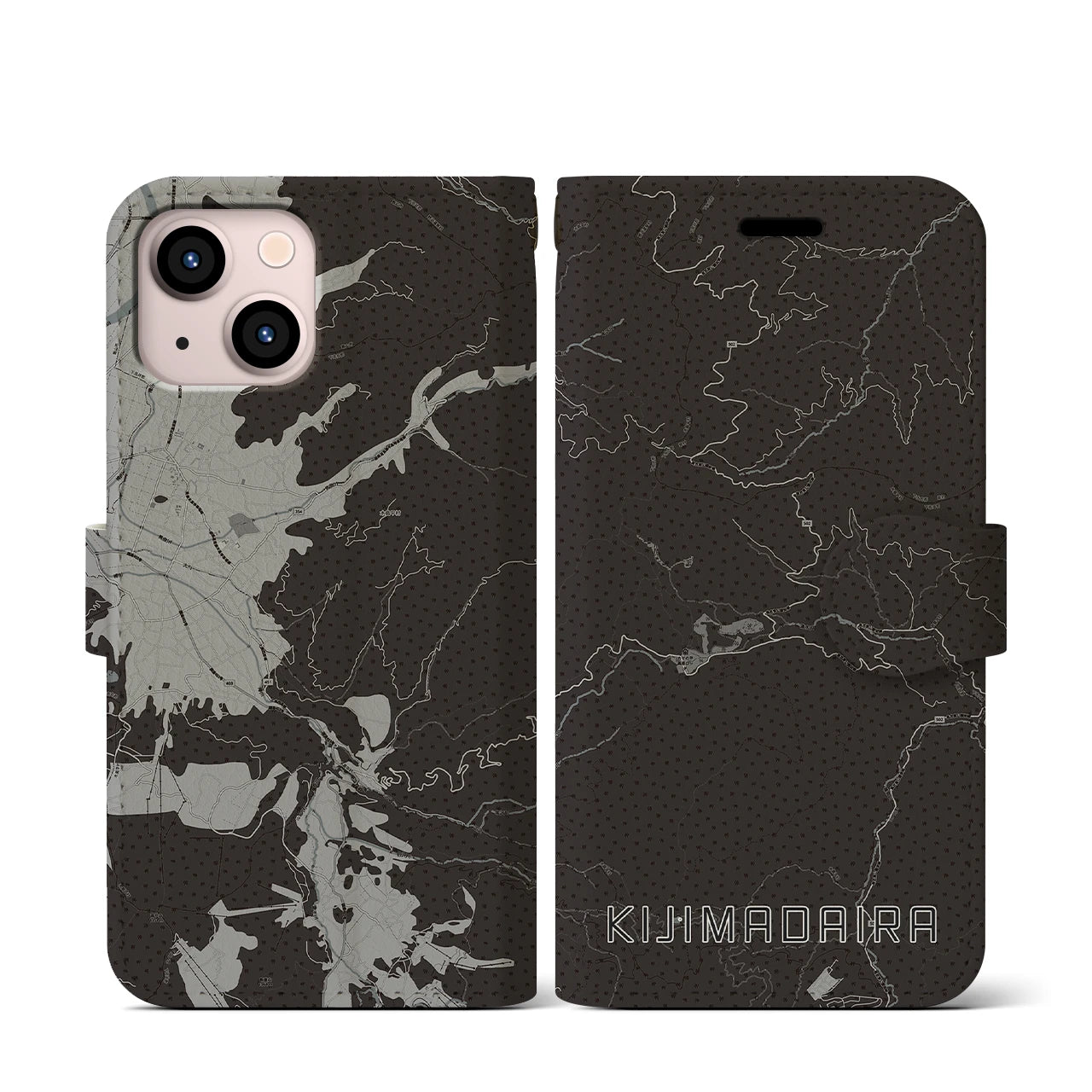 【木島平(長野県)】地図柄iPhoneケース(手帳タイプ)モノトーン・iPhone 13 mini 用