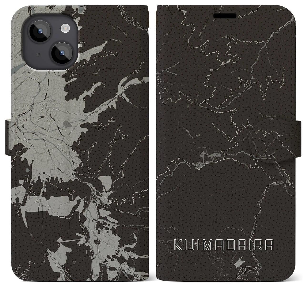 【木島平(長野県)】地図柄iPhoneケース(手帳タイプ)モノトーン・iPhone 14 Plus 用