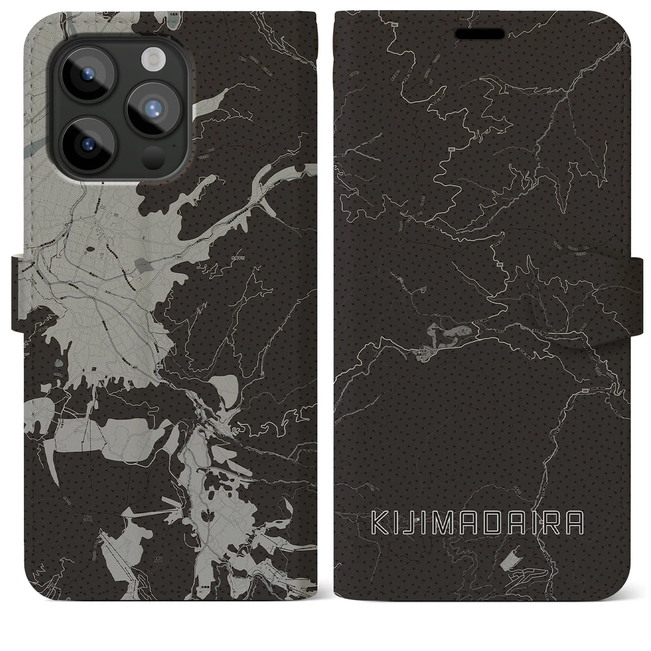 【木島平(長野県)】地図柄iPhoneケース(手帳タイプ)モノトーン・iPhone 15 Pro Max 用