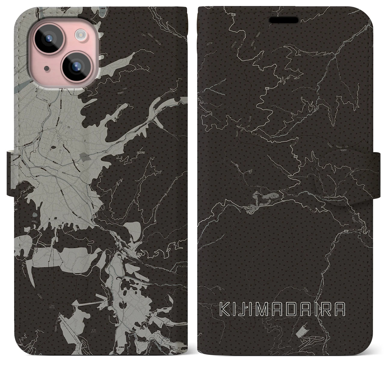 【木島平(長野県)】地図柄iPhoneケース(手帳タイプ)モノトーン・iPhone 15 Plus 用