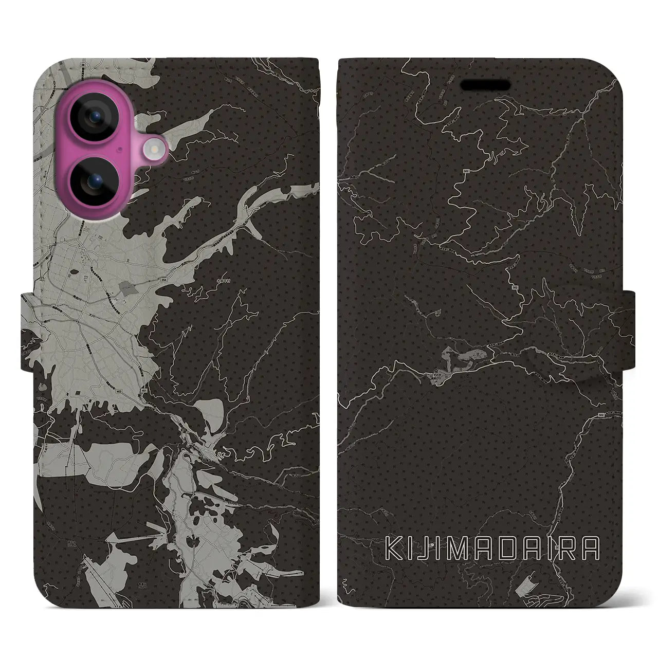 【木島平(長野県)】地図柄iPhoneケース(手帳タイプ)モノトーン・iPhone 16 Pro 用