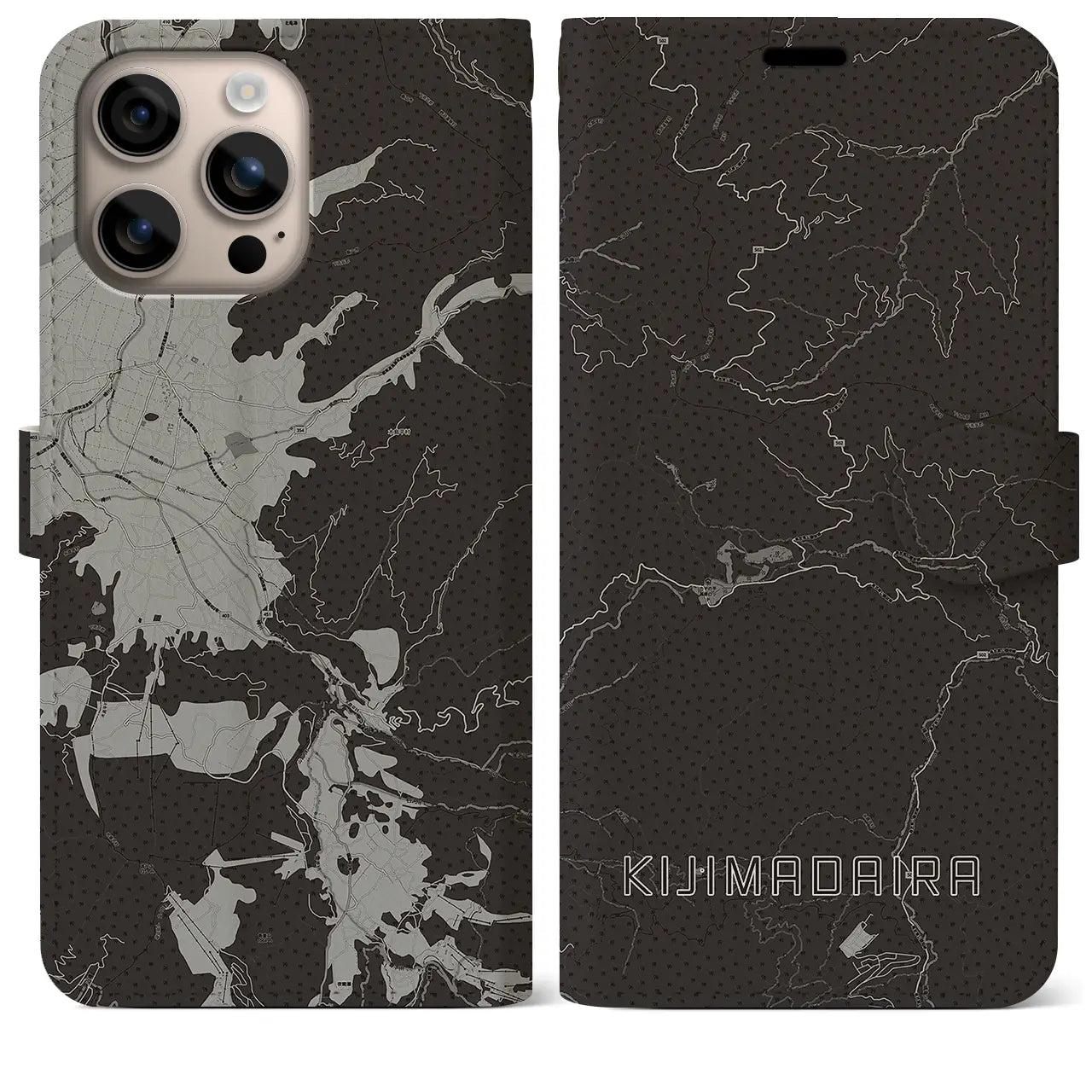 【木島平(長野県)】地図柄iPhoneケース(手帳タイプ)モノトーン・iPhone 16 Plus 用
