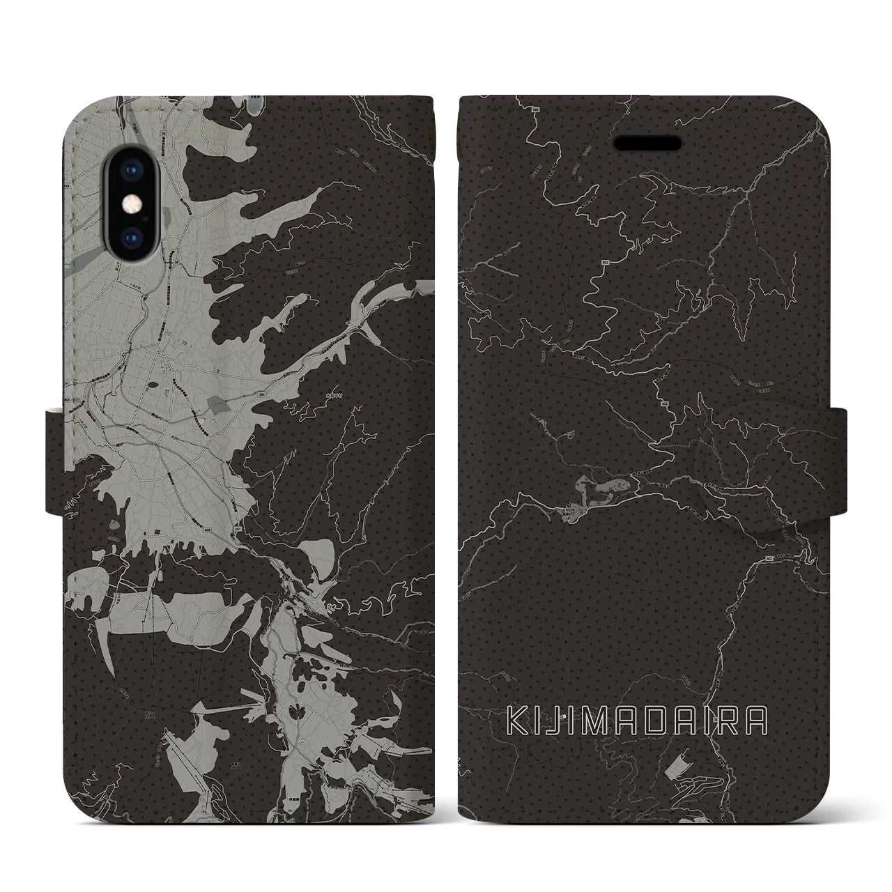【木島平(長野県)】地図柄iPhoneケース(手帳タイプ)モノトーン・iPhone XS / X 用