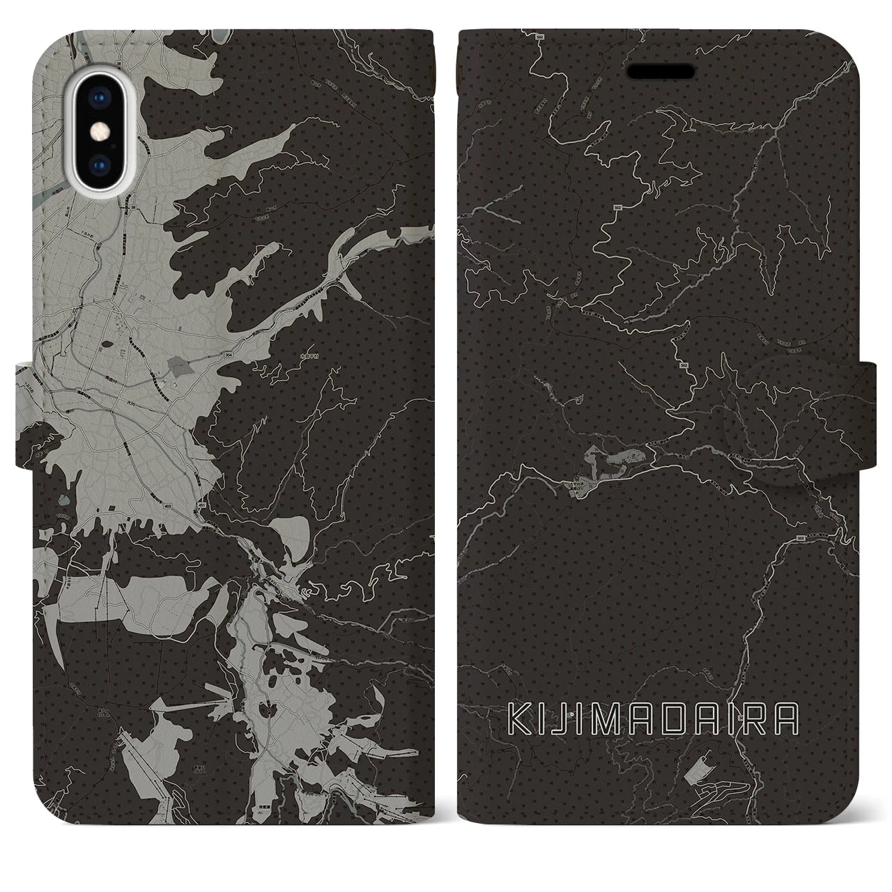 【木島平(長野県)】地図柄iPhoneケース(手帳タイプ)モノトーン・iPhone XS Max 用