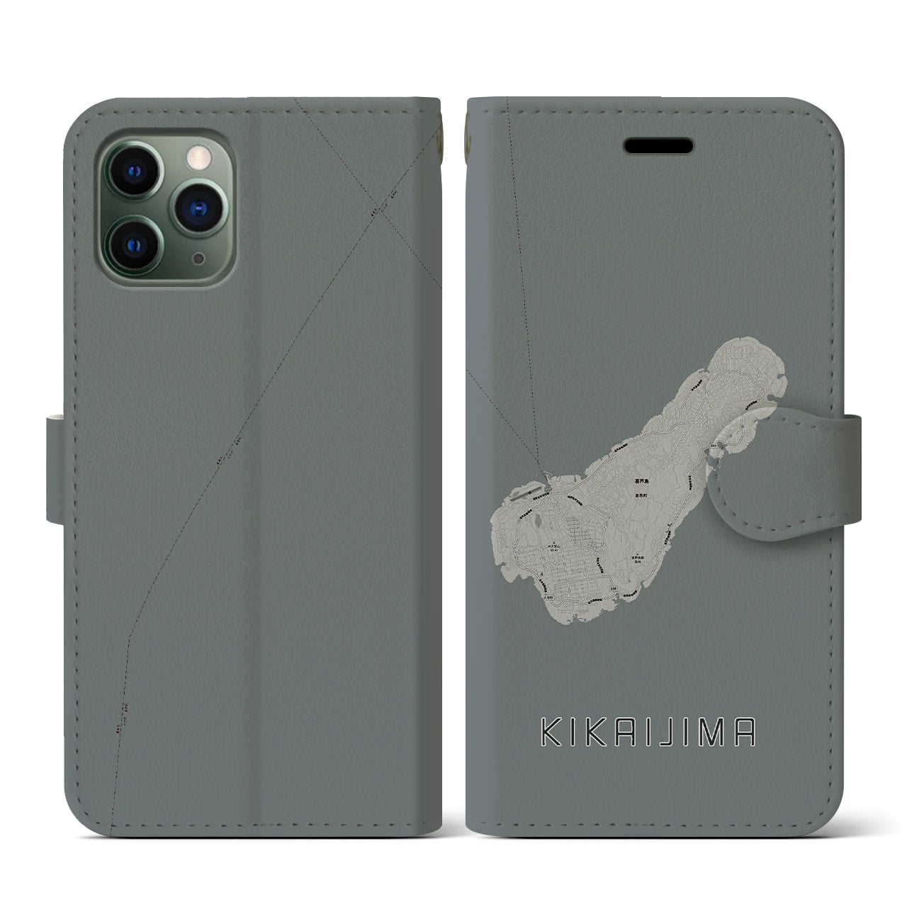 【喜界島(鹿児島県)】地図柄iPhoneケース(手帳タイプ)モノトーン・iPhone 11 Pro 用