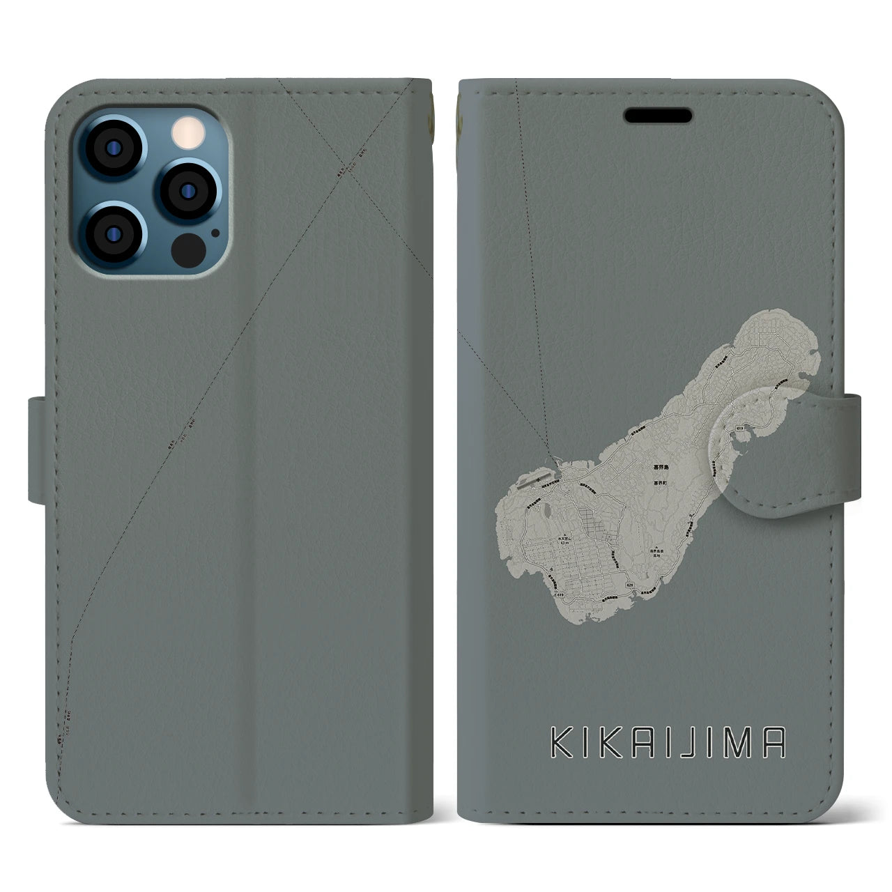 【喜界島(鹿児島県)】地図柄iPhoneケース(手帳タイプ)モノトーン・iPhone 12 / 12 Pro 用