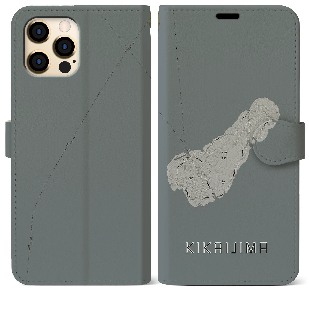 【喜界島(鹿児島県)】地図柄iPhoneケース(手帳タイプ)モノトーン・iPhone 12 Pro Max 用