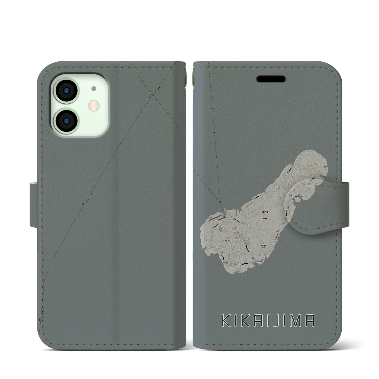 【喜界島(鹿児島県)】地図柄iPhoneケース(手帳タイプ)モノトーン・iPhone 12 mini 用