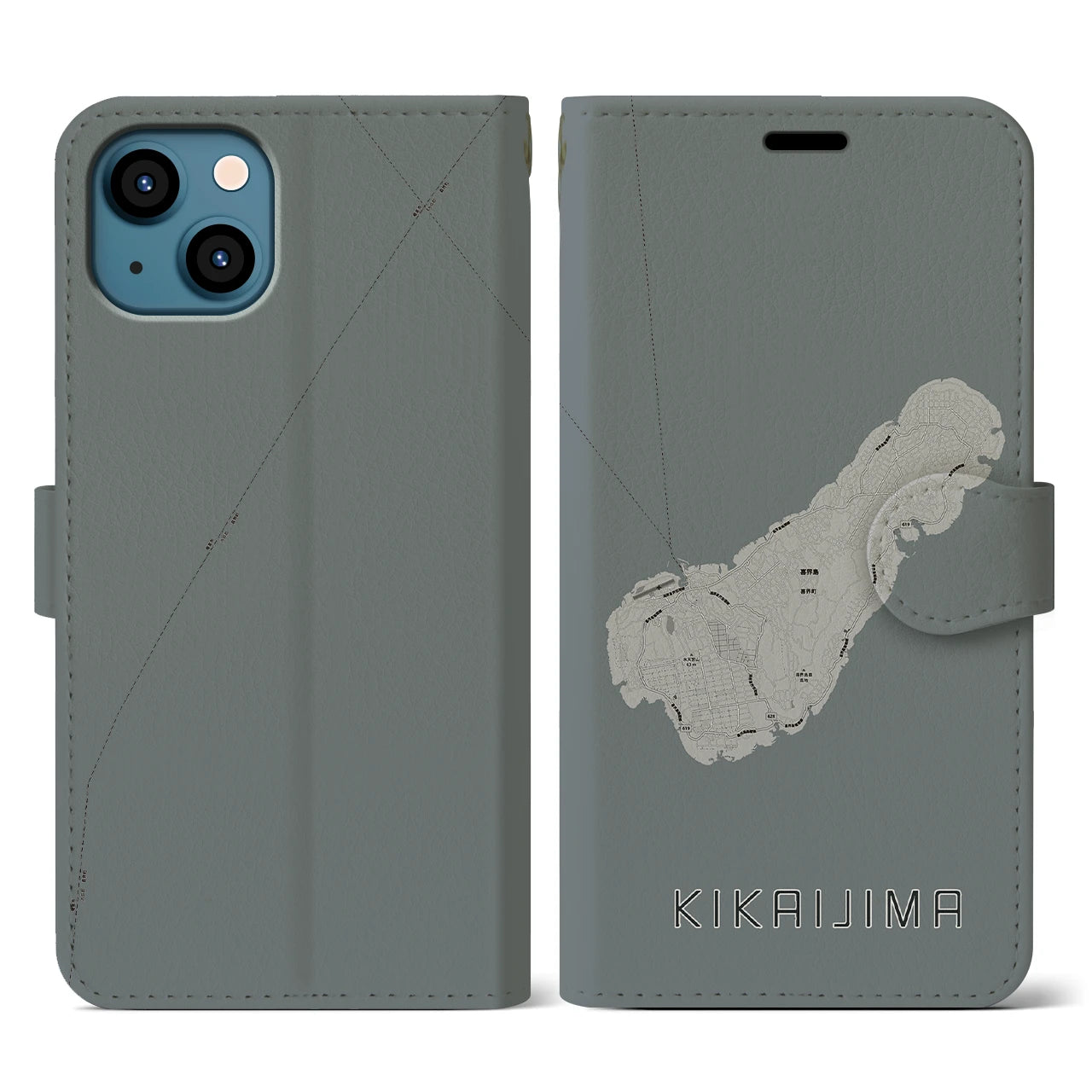 【喜界島(鹿児島県)】地図柄iPhoneケース(手帳タイプ)モノトーン・iPhone 13 用