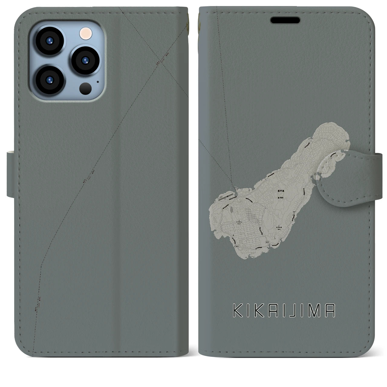 【喜界島(鹿児島県)】地図柄iPhoneケース(手帳タイプ)モノトーン・iPhone 13 Pro Max 用