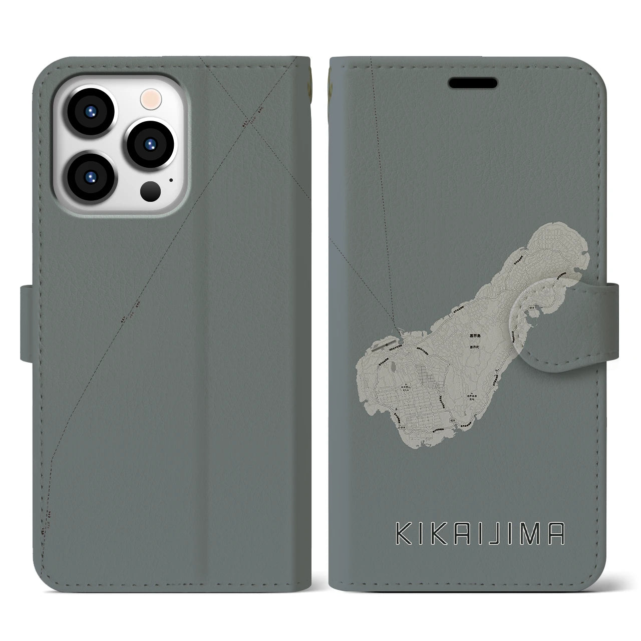 【喜界島(鹿児島県)】地図柄iPhoneケース(手帳タイプ)モノトーン・iPhone 13 Pro 用
