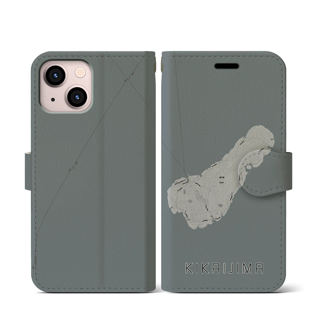 【喜界島(鹿児島県)】地図柄iPhoneケース(手帳タイプ)モノトーン・iPhone 13 mini 用