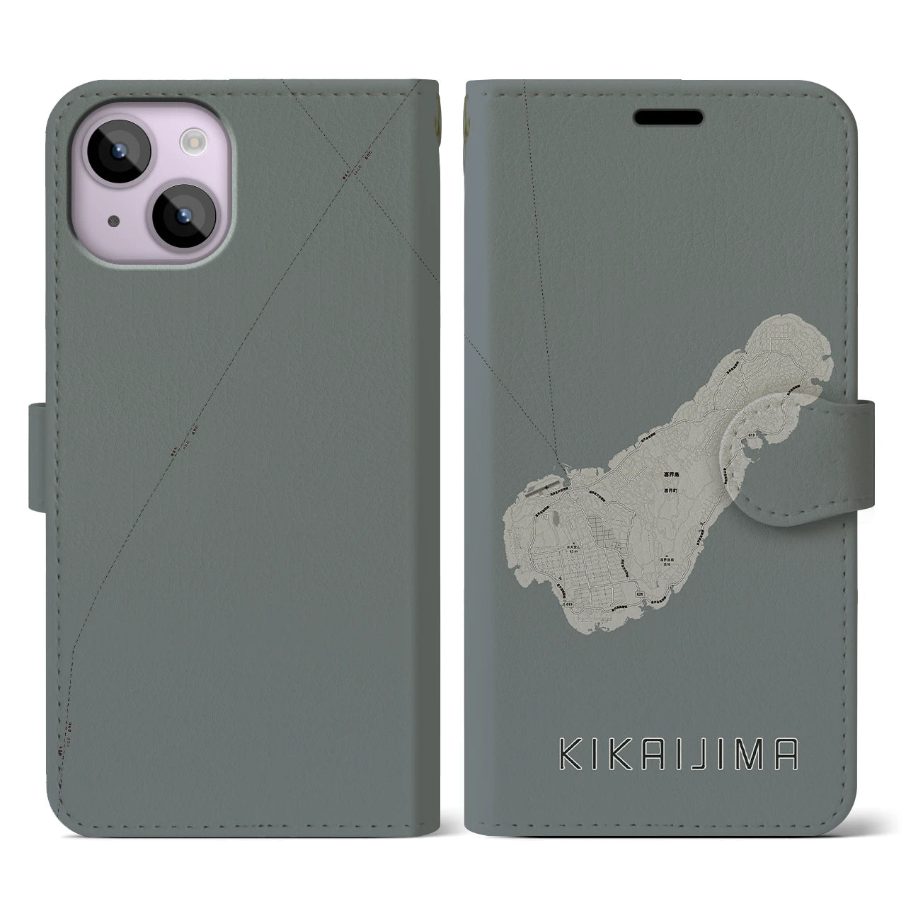 【喜界島(鹿児島県)】地図柄iPhoneケース(手帳タイプ)モノトーン・iPhone 14 用