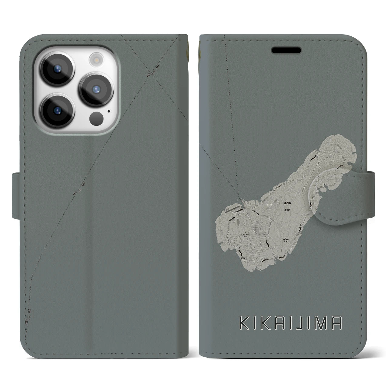 【喜界島(鹿児島県)】地図柄iPhoneケース(手帳タイプ)モノトーン・iPhone 14 Pro 用