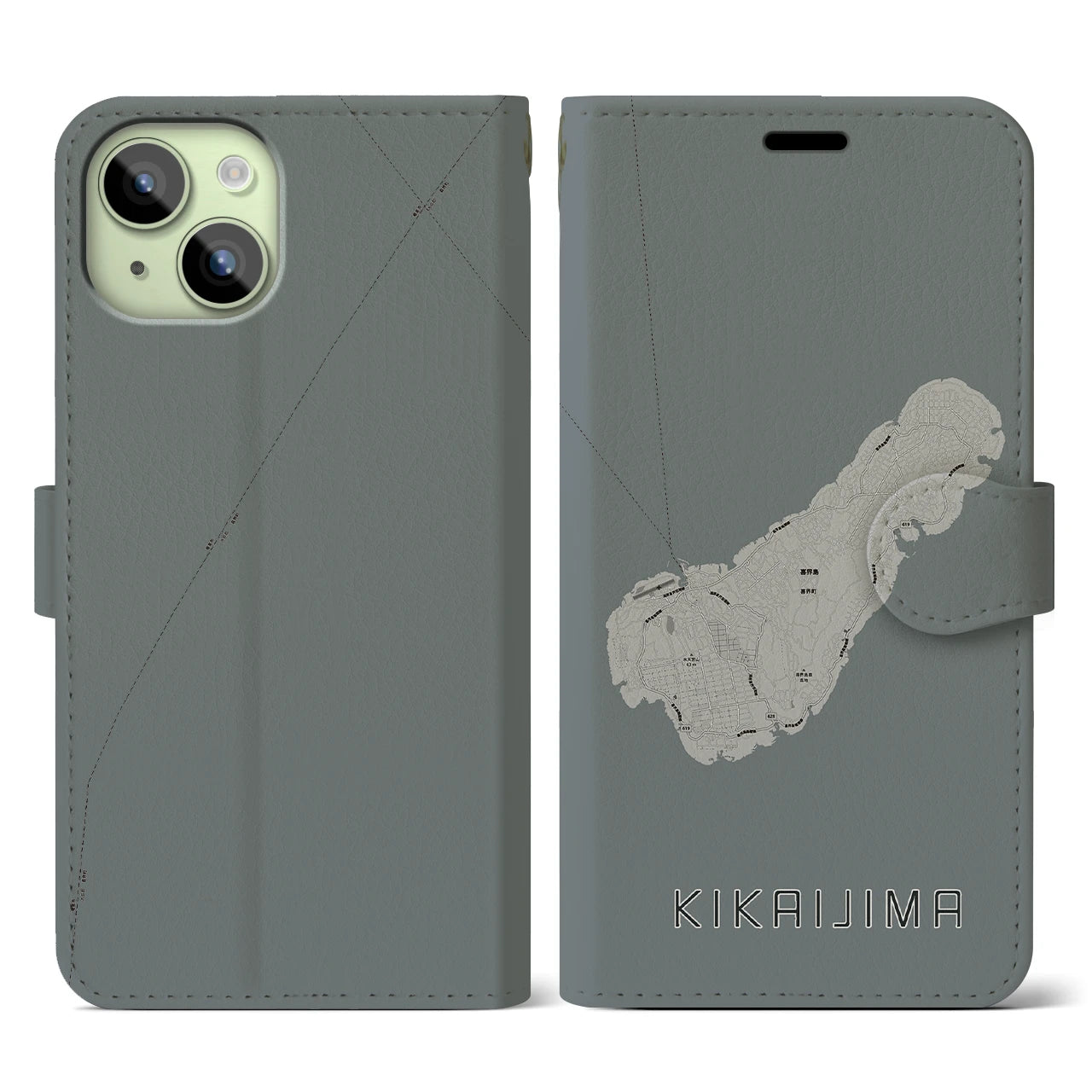 【喜界島(鹿児島県)】地図柄iPhoneケース(手帳タイプ)モノトーン・iPhone 15 用