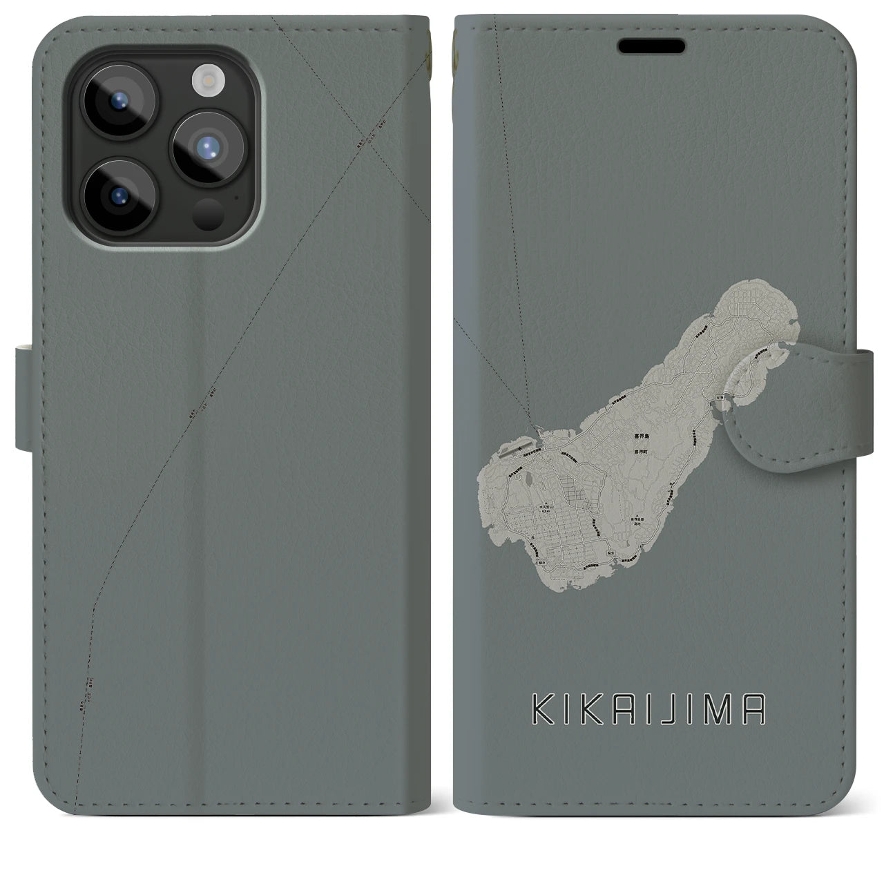【喜界島(鹿児島県)】地図柄iPhoneケース(手帳タイプ)モノトーン・iPhone 15 Pro Max 用