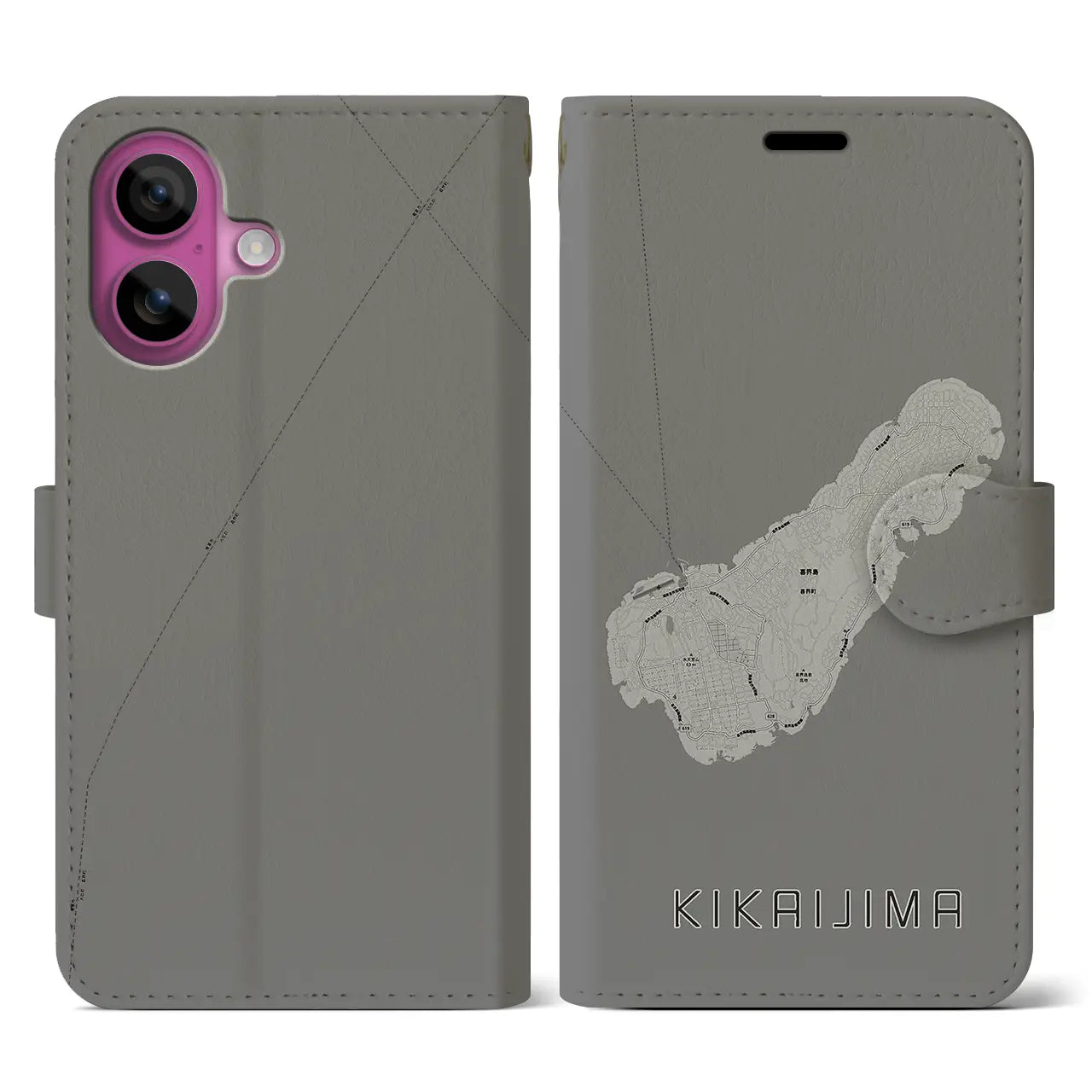 【喜界島(鹿児島県)】地図柄iPhoneケース(手帳タイプ)モノトーン・iPhone 16 Pro 用