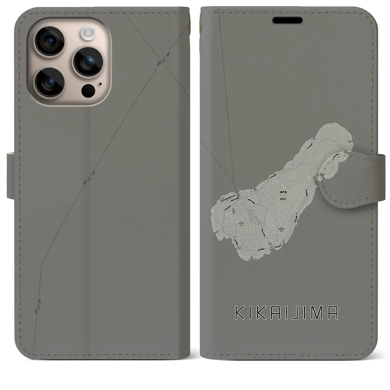 【喜界島(鹿児島県)】地図柄iPhoneケース(手帳タイプ)モノトーン・iPhone 16 Plus 用
