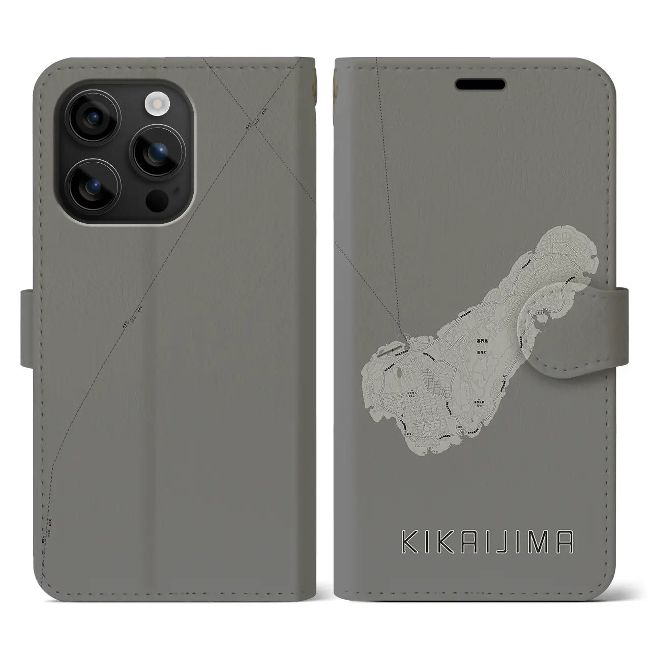 【喜界島(鹿児島県)】地図柄iPhoneケース(手帳タイプ)モノトーン・iPhone 16 用
