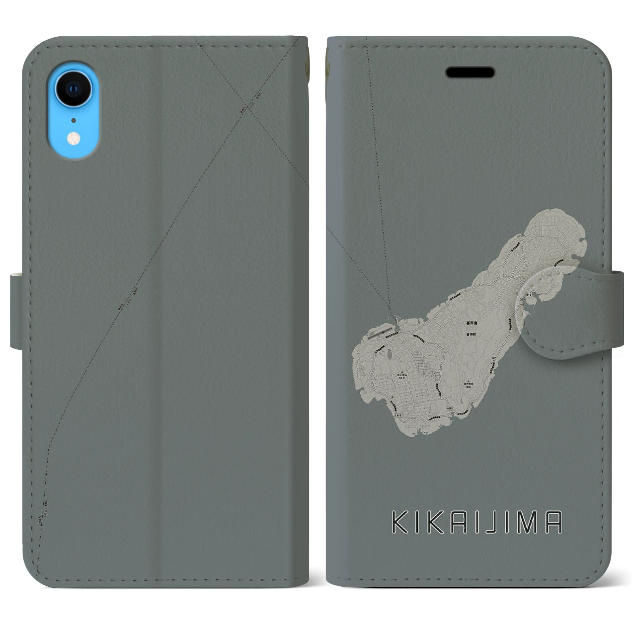 【喜界島(鹿児島県)】地図柄iPhoneケース(手帳タイプ)モノトーン・iPhone XR 用