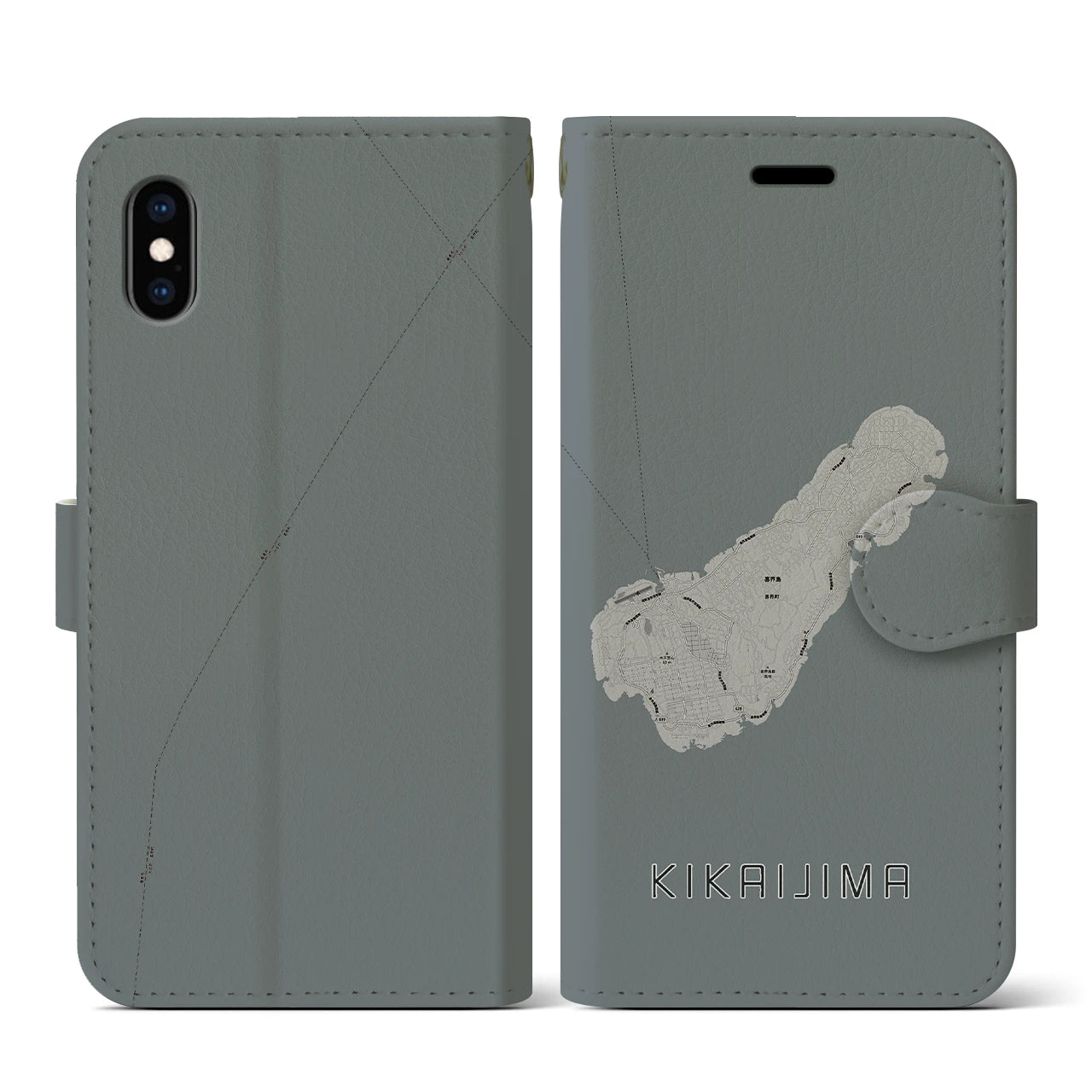 【喜界島(鹿児島県)】地図柄iPhoneケース(手帳タイプ)モノトーン・iPhone XS / X 用