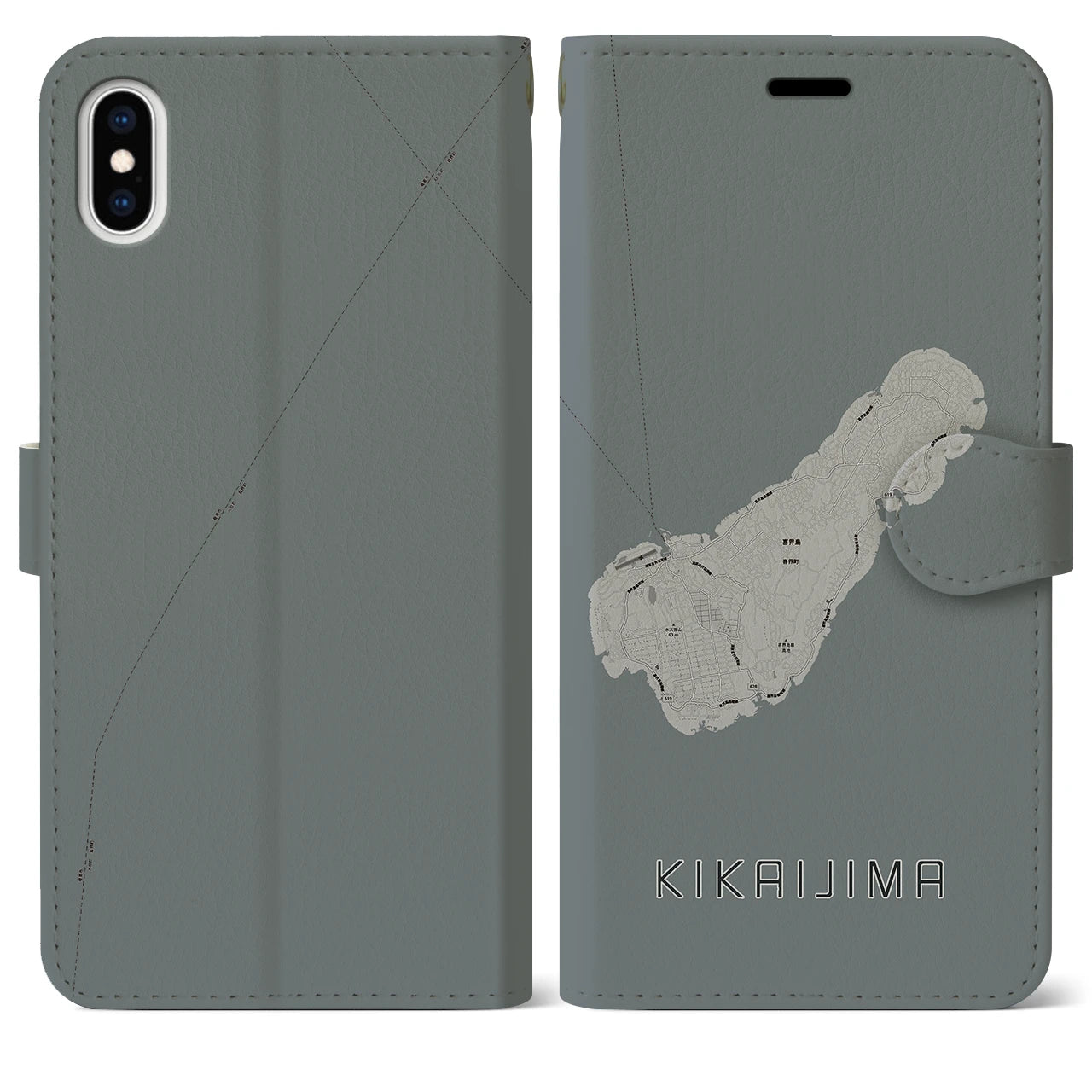 【喜界島(鹿児島県)】地図柄iPhoneケース(手帳タイプ)モノトーン・iPhone XS Max 用
