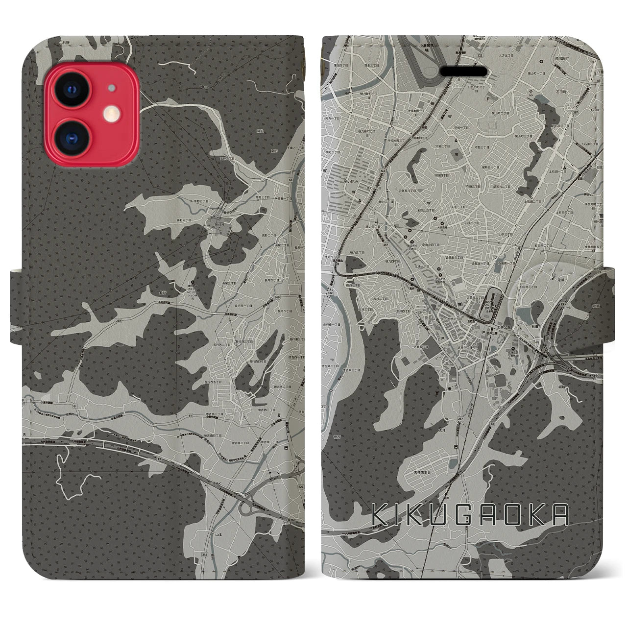 【企救丘(福岡県)】地図柄iPhoneケース(手帳タイプ)モノトーン・iPhone 11 用