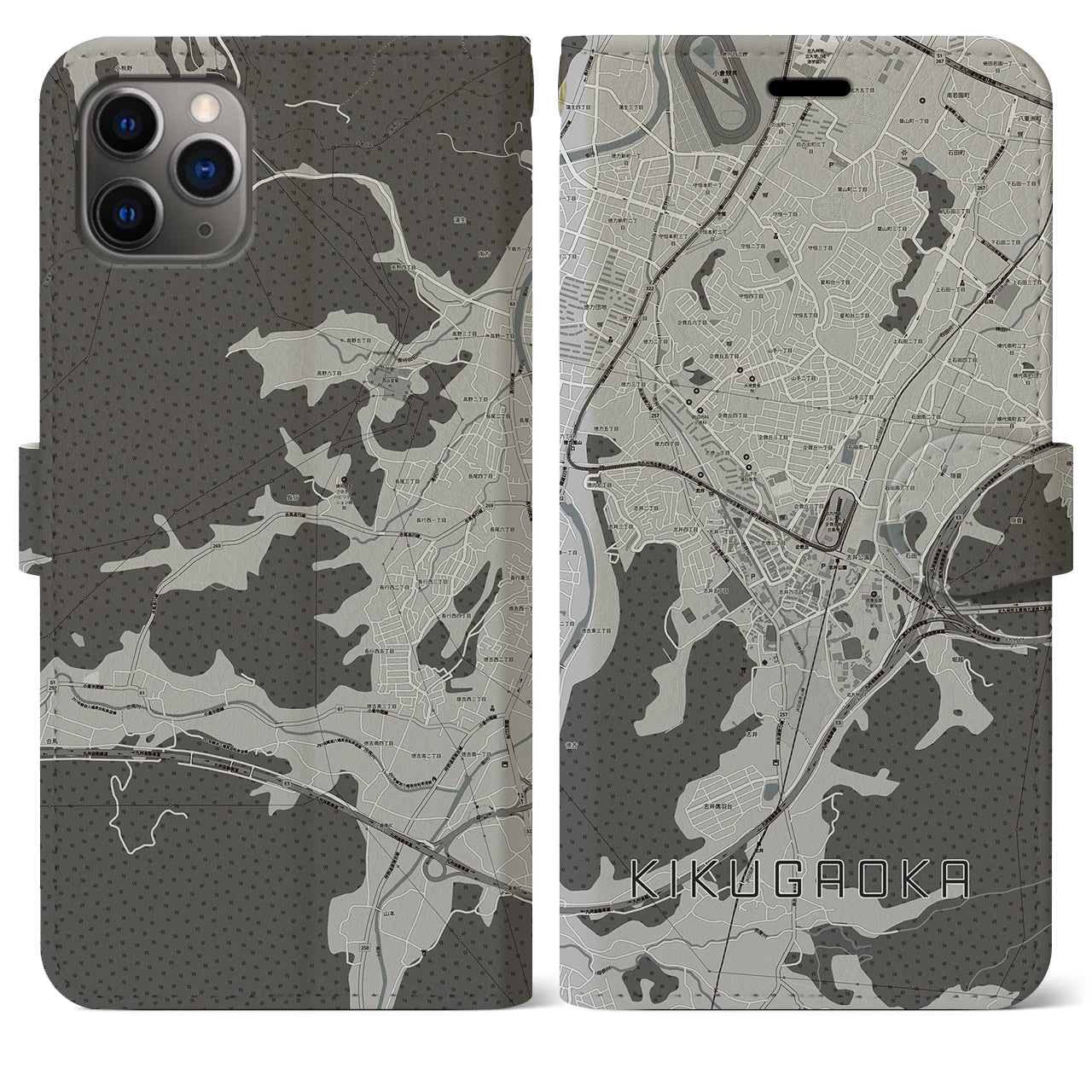 【企救丘(福岡県)】地図柄iPhoneケース(手帳タイプ)モノトーン・iPhone 11 Pro Max 用
