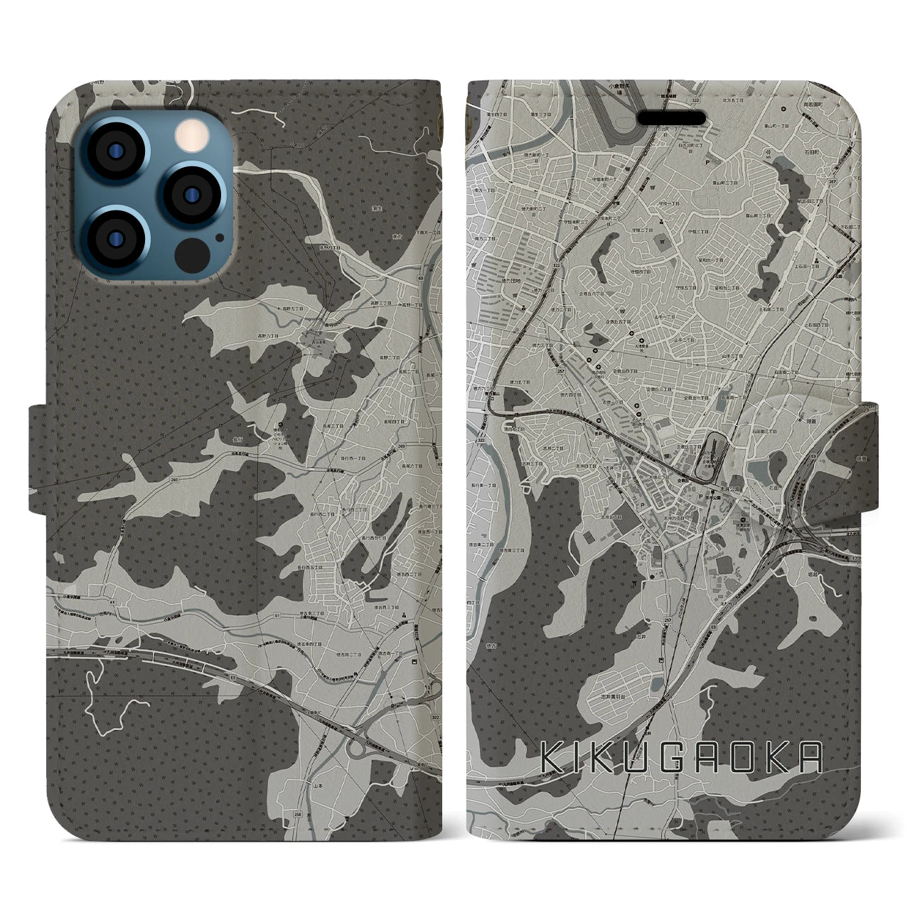 【企救丘(福岡県)】地図柄iPhoneケース(手帳タイプ)モノトーン・iPhone 12 / 12 Pro 用