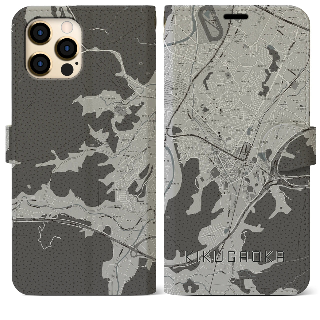 【企救丘(福岡県)】地図柄iPhoneケース(手帳タイプ)モノトーン・iPhone 12 Pro Max 用