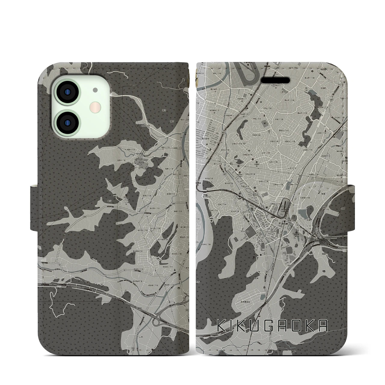 【企救丘(福岡県)】地図柄iPhoneケース(手帳タイプ)モノトーン・iPhone 12 mini 用