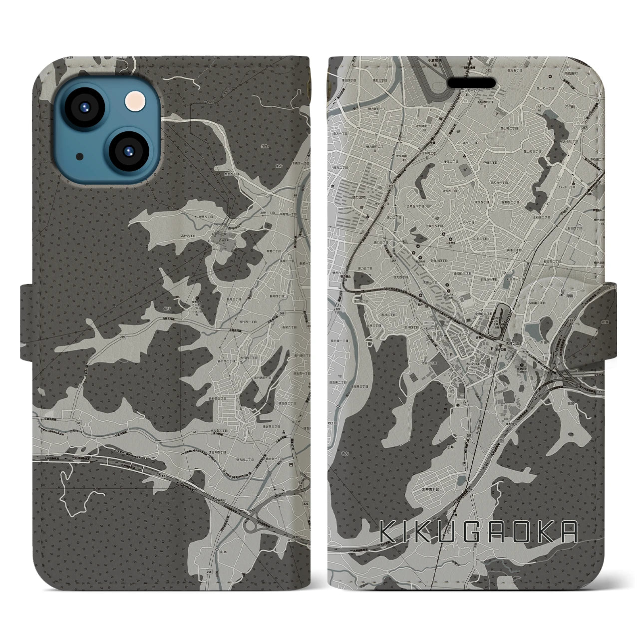 【企救丘(福岡県)】地図柄iPhoneケース(手帳タイプ)モノトーン・iPhone 13 用