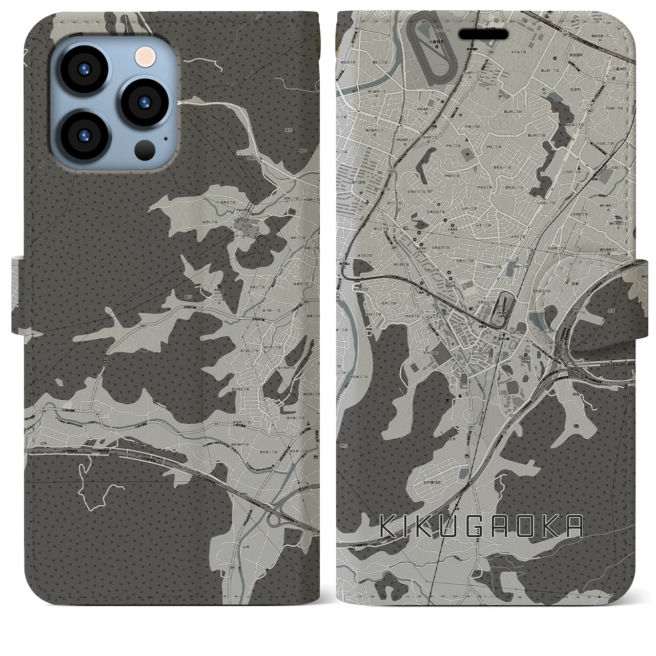 【企救丘(福岡県)】地図柄iPhoneケース(手帳タイプ)モノトーン・iPhone 13 Pro Max 用