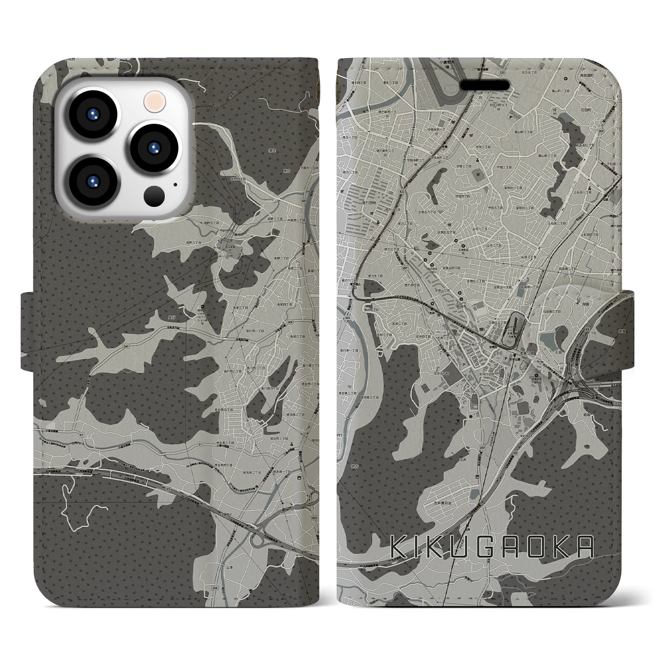 【企救丘(福岡県)】地図柄iPhoneケース(手帳タイプ)モノトーン・iPhone 13 Pro 用