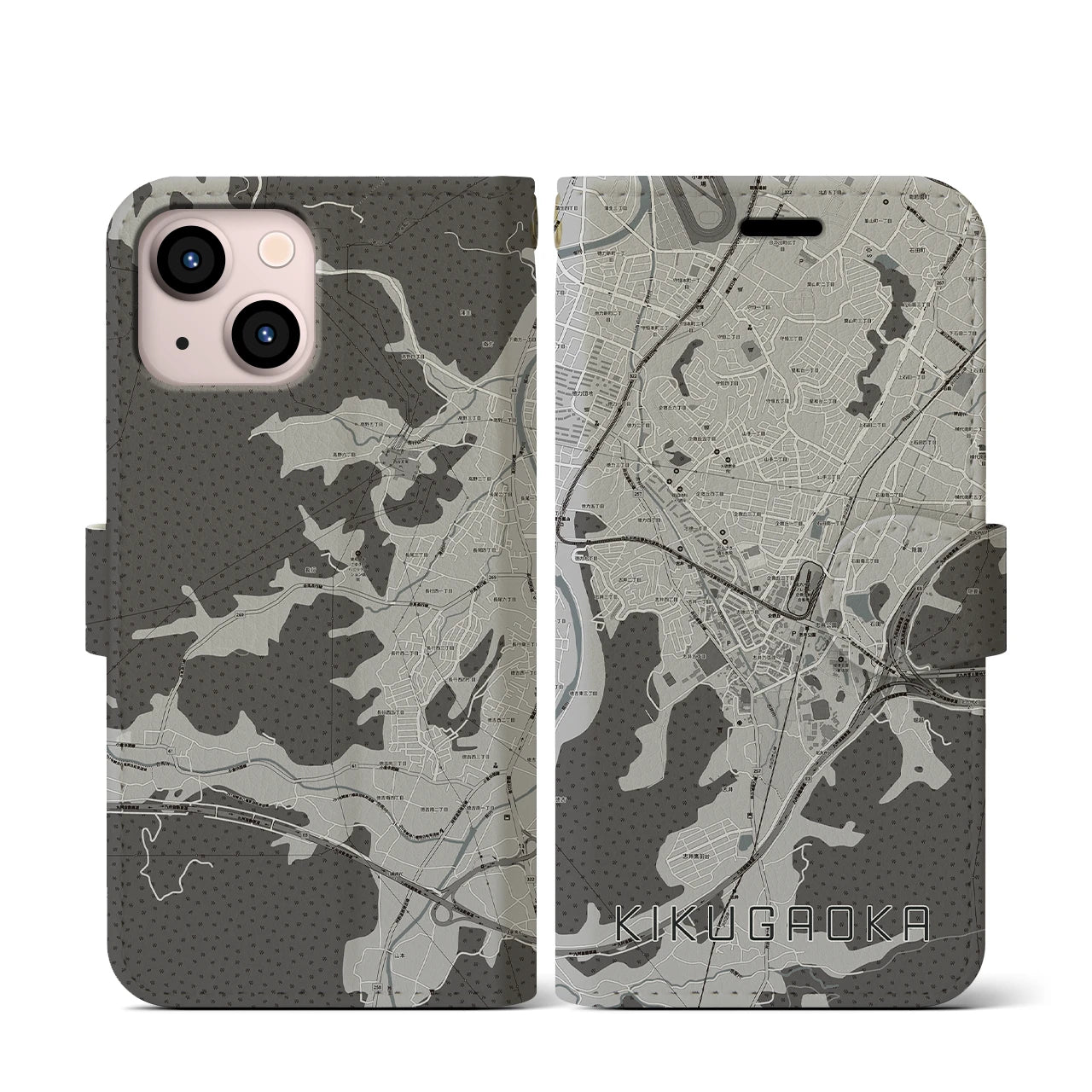 【企救丘(福岡県)】地図柄iPhoneケース(手帳タイプ)モノトーン・iPhone 13 mini 用