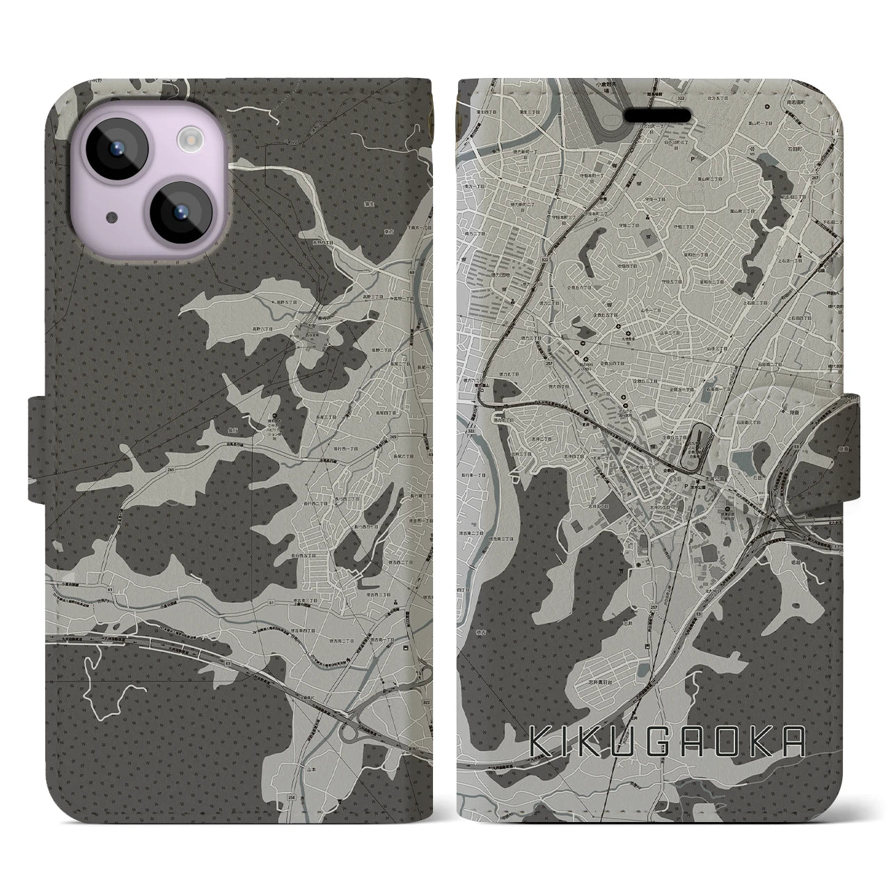 【企救丘(福岡県)】地図柄iPhoneケース(手帳タイプ)モノトーン・iPhone 14 用